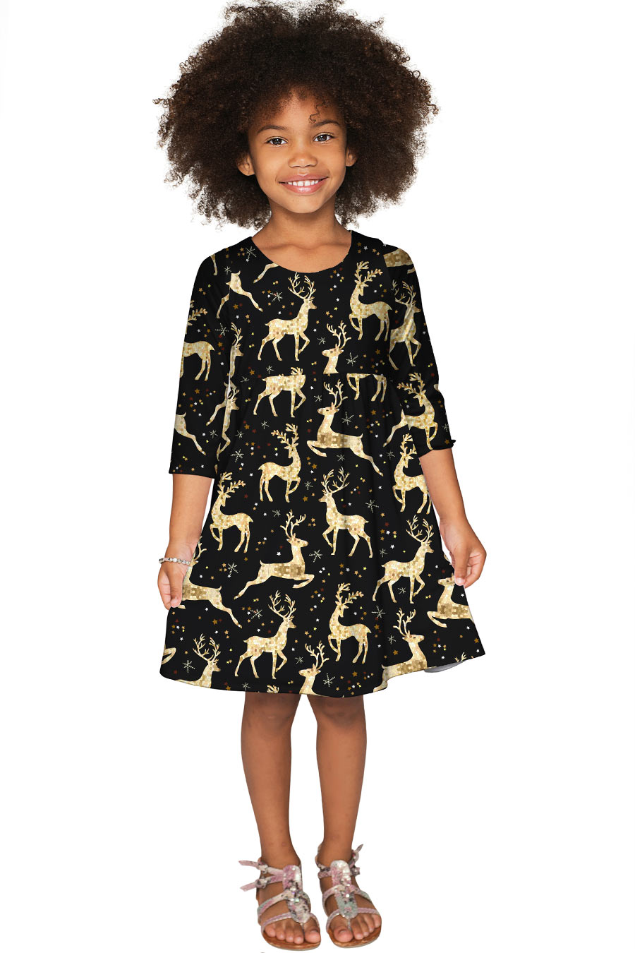 Holly Jolly Gloria Black Gold Animal Print Empire Waist Dress - Girls