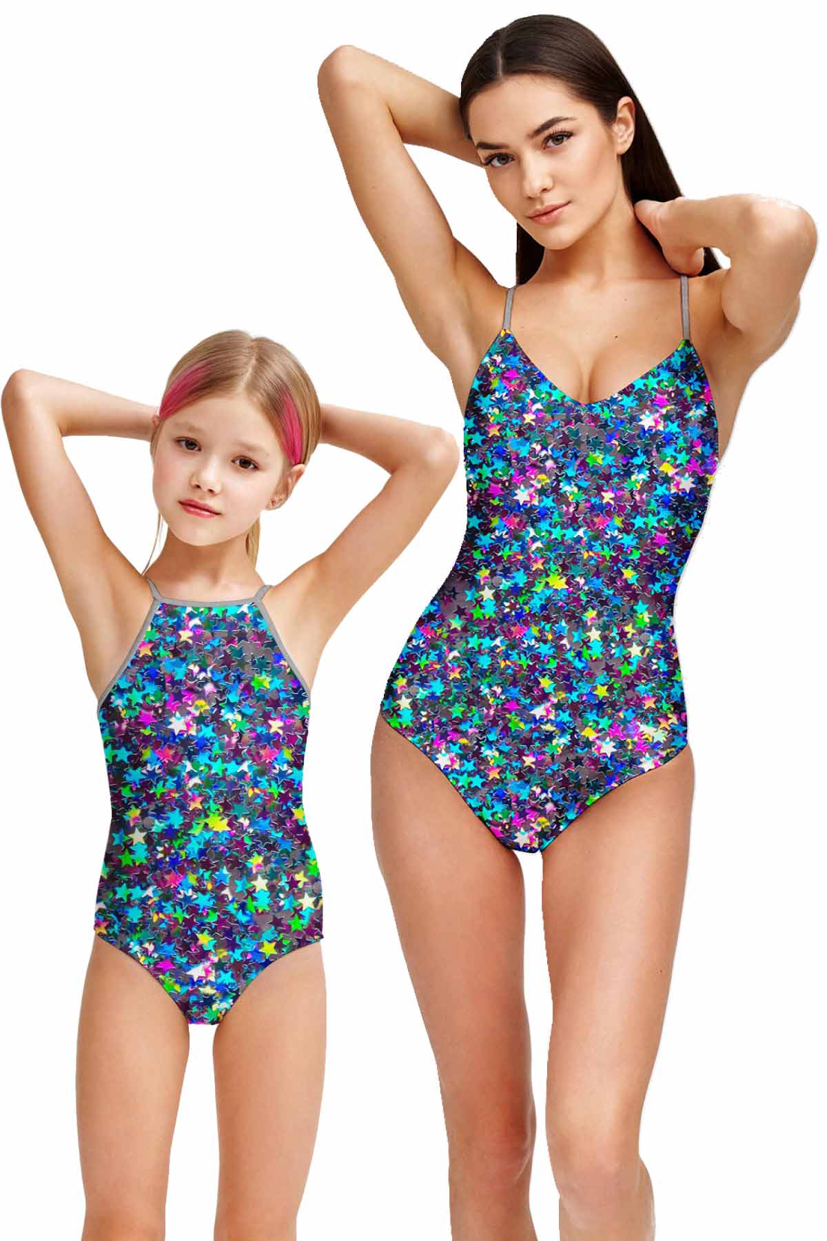 Hollywood Sparkle Glitter Print One-Piece Swimsuits - Mommy and Me