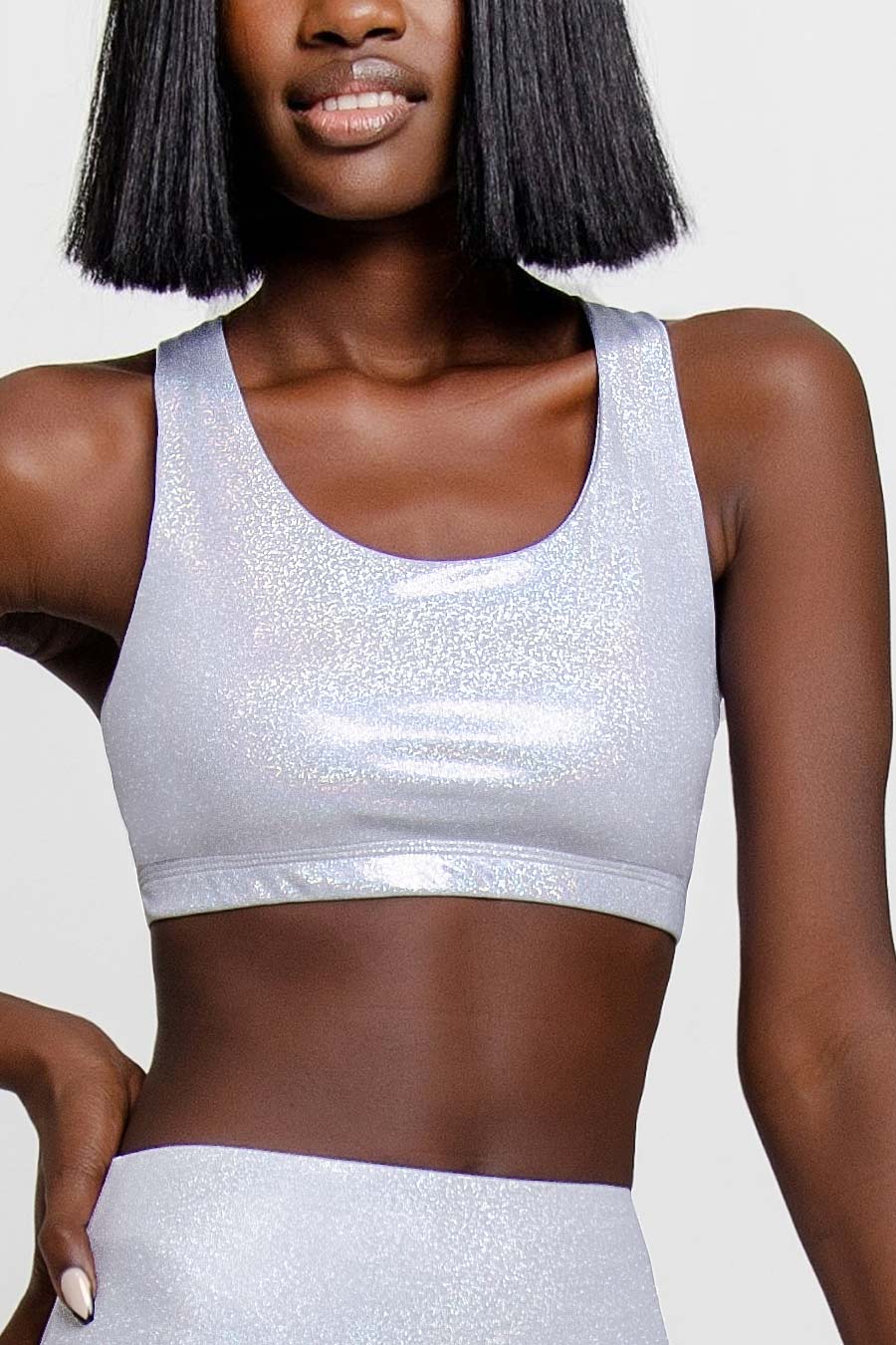 Holographic White Stella Seamless Racerback Sport Yoga Bra - Women