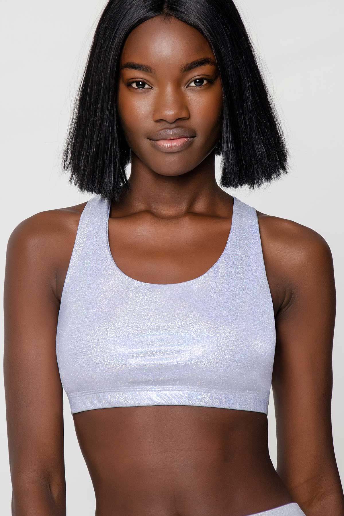 Holographic White Stella Seamless Racerback Sport Yoga Bra - Women