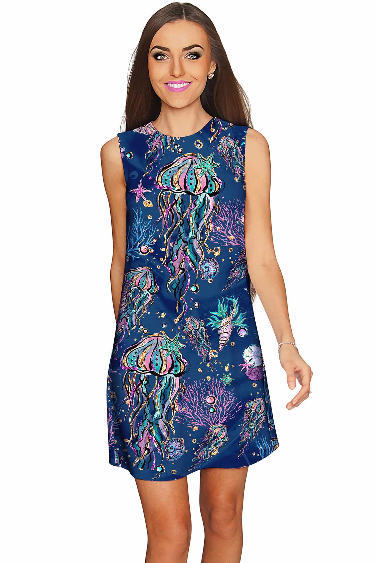 CLEARANCE! 65% off with code: VIP65 - Jellyfish Adele Stunning Blue Sea Life Print Shift Dress - Women