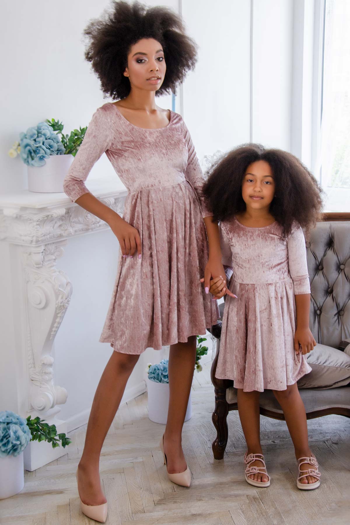 Pale Pink Crushed Velvet Skater Easter Party Mommy & Me Dresses