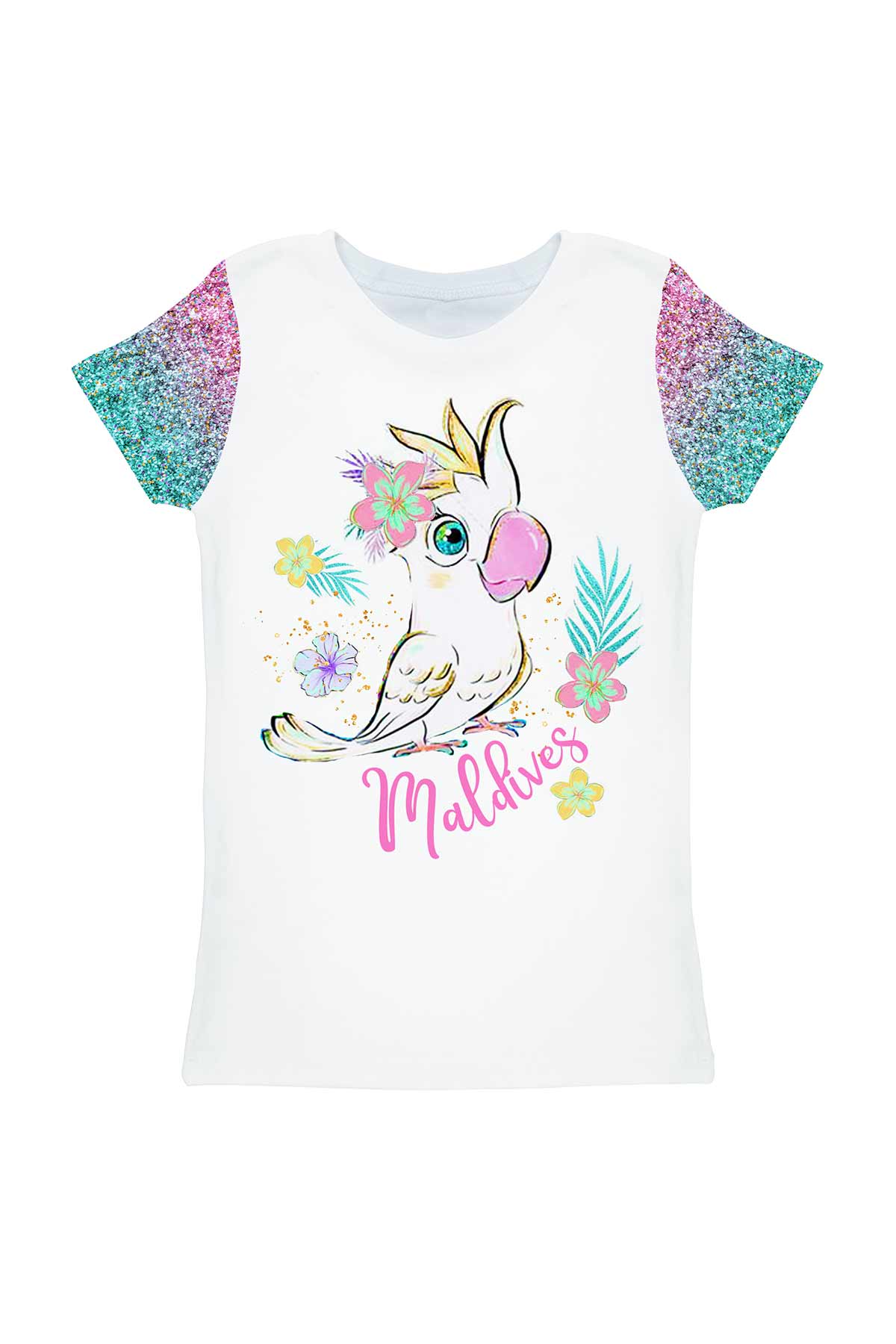 CLEARANCE! 65% off with code: VIP65 - Maldives Zoe White Parrot Print Designer T-Shirt - Kids