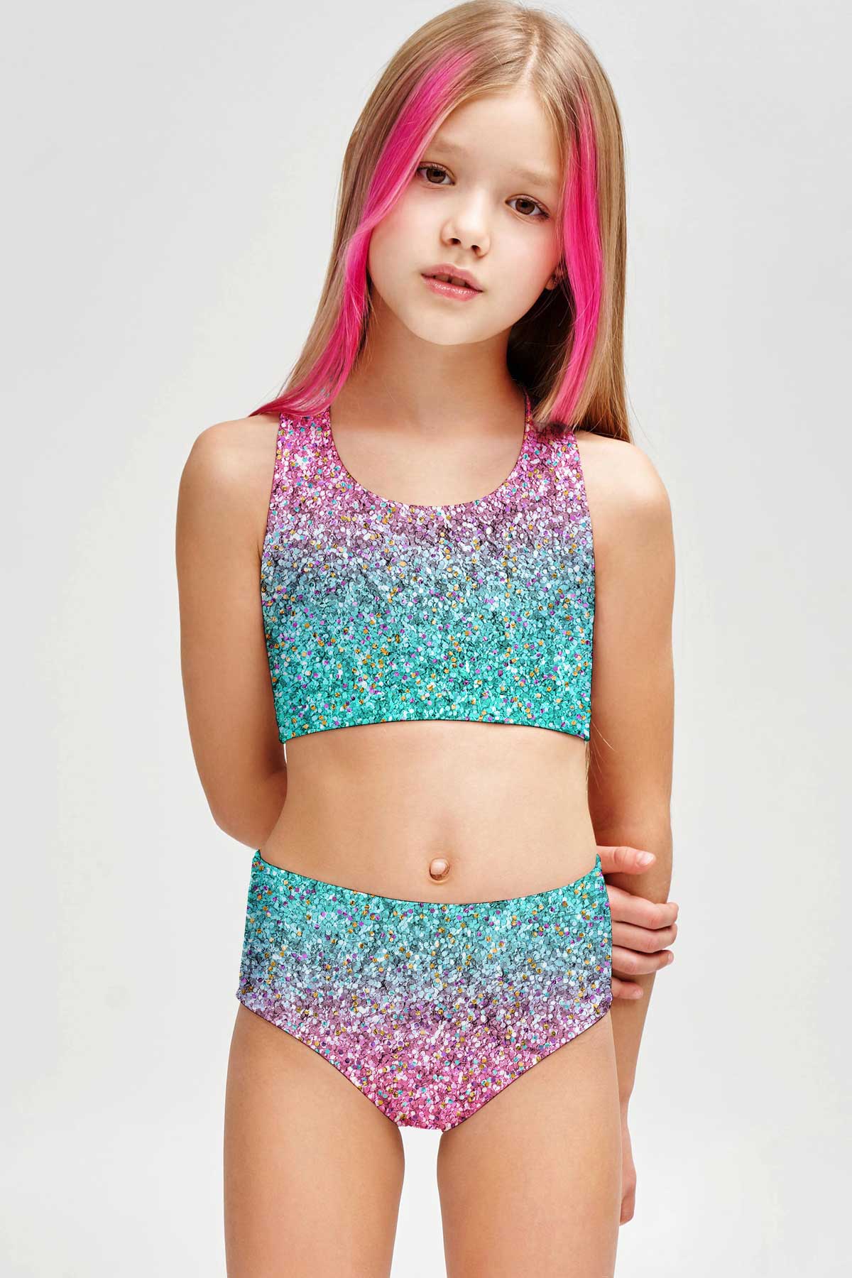 Maldives Claire Pink Glitter Two-Piece Swimsuit Sporty Swim Set - Girls