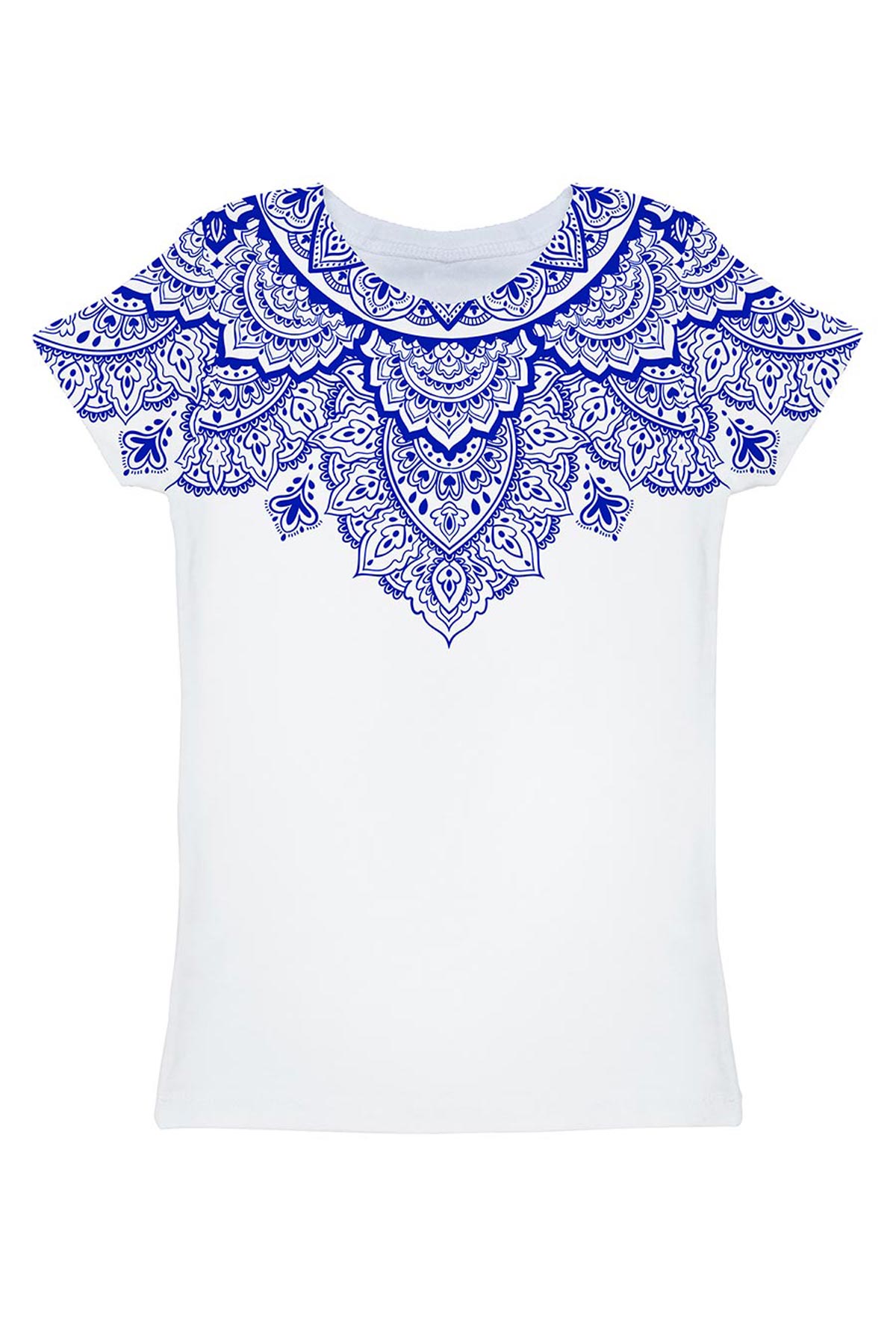 Nirvana Zoe White & Blue Geometric Boho Print T-Shirt - Women