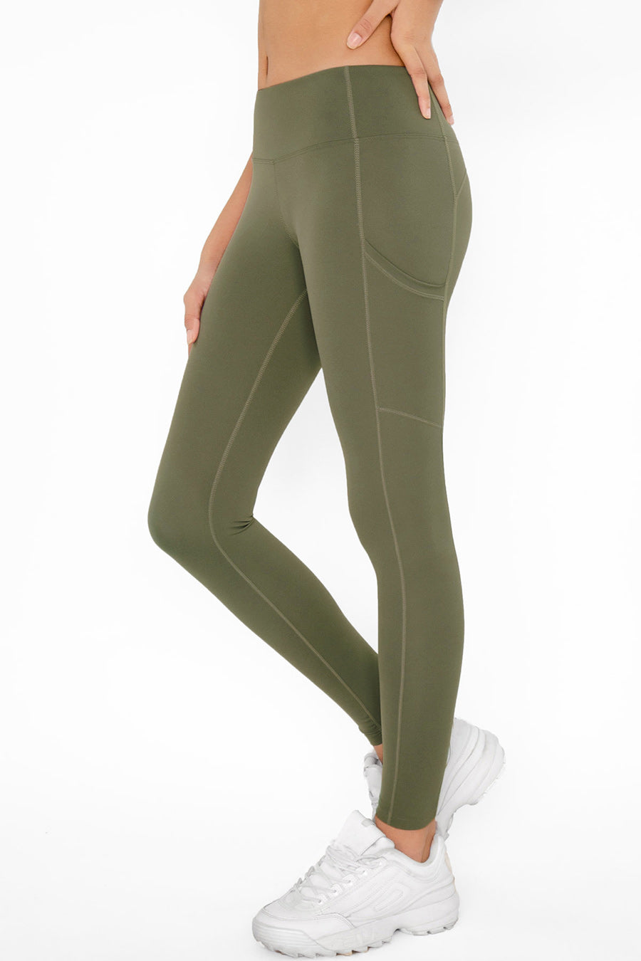 Olive Khaki Green Cassi Side Pockets Workout Yoga Leggings - Women