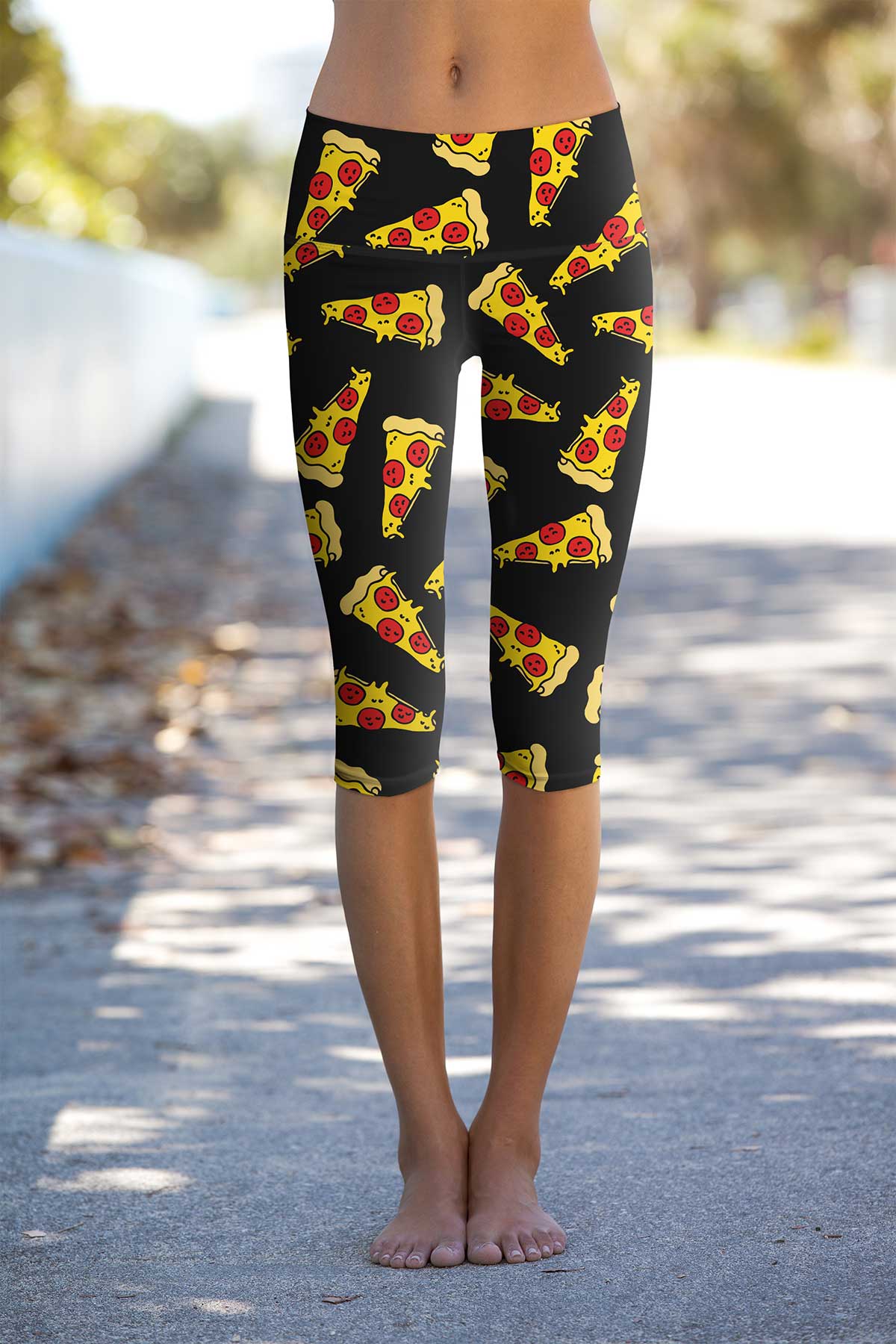 Pepperoni Ellie Black Pizza Print Performance Capri Leggings - Women