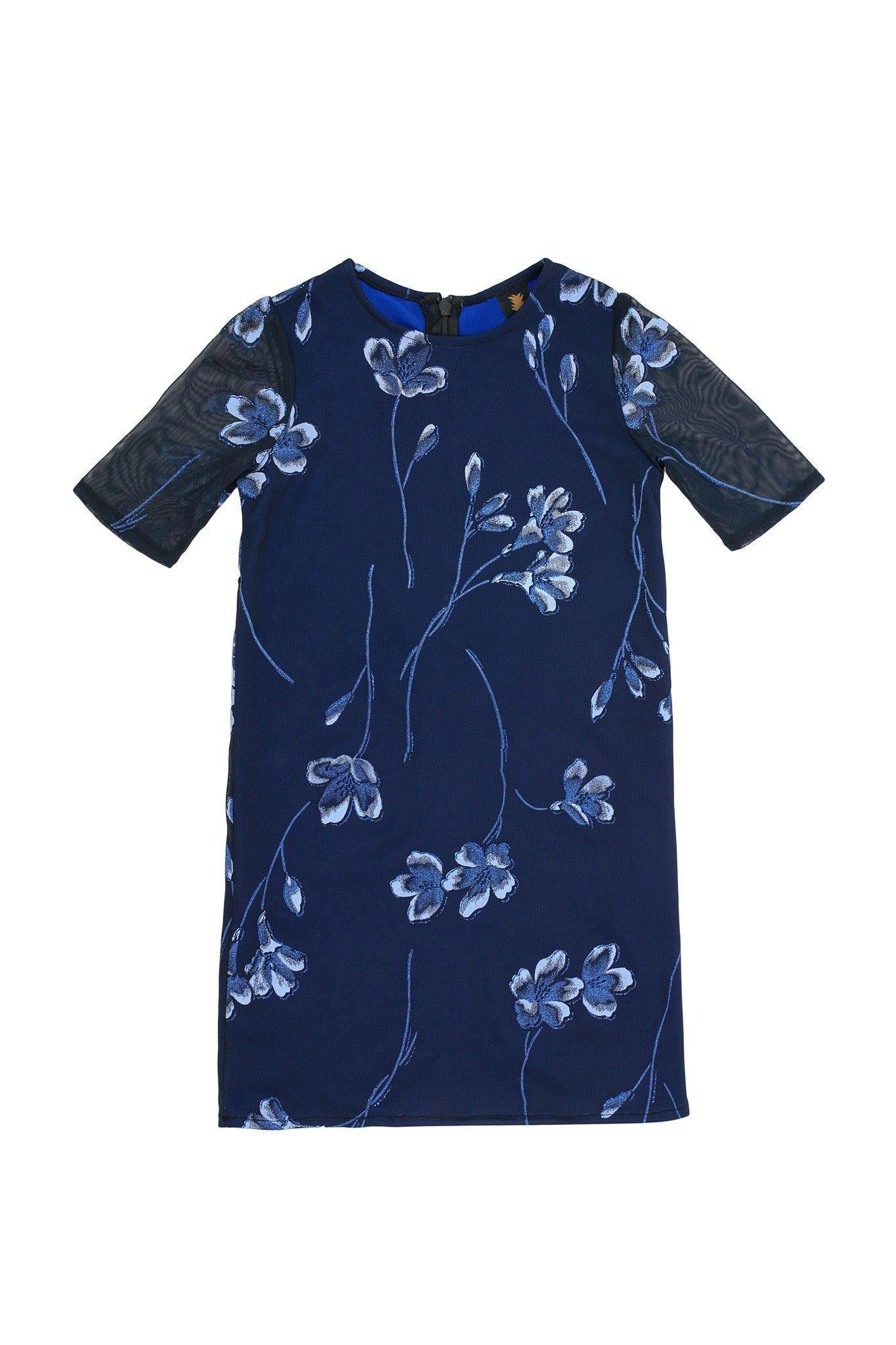 CLEARANCE! 65% off with code: VIP65 - Navy Blue Floral Elbow Sleeve Cute Cocktail Party Shift Dress - Girls