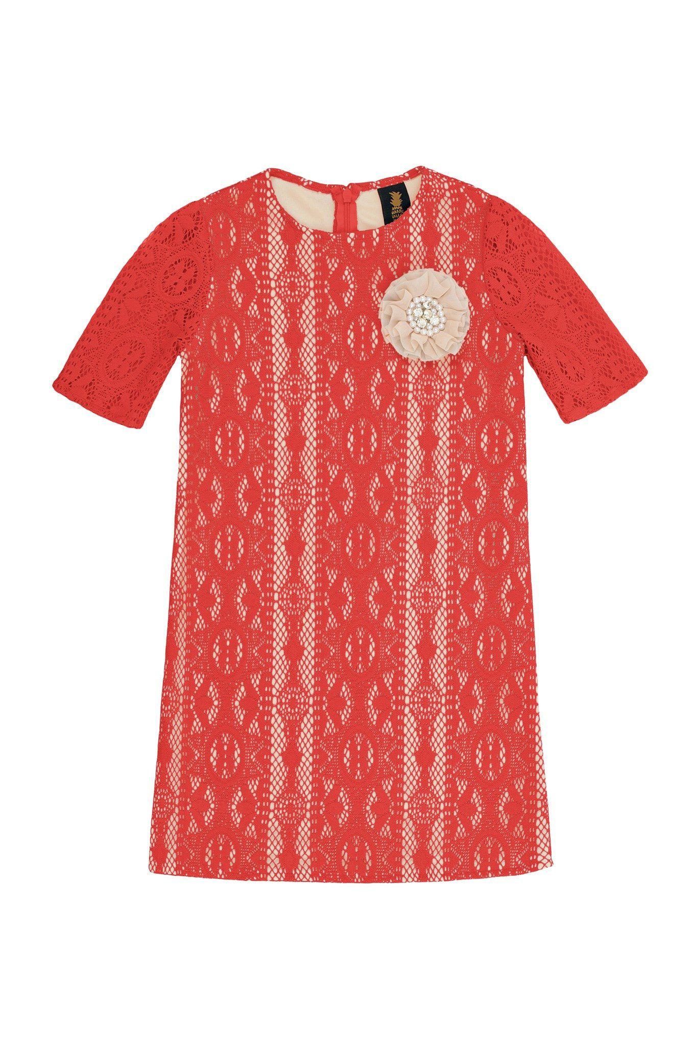 Orange Coral Red Crochet Lace Sleeved Shift Fancy Party Dress - Girls