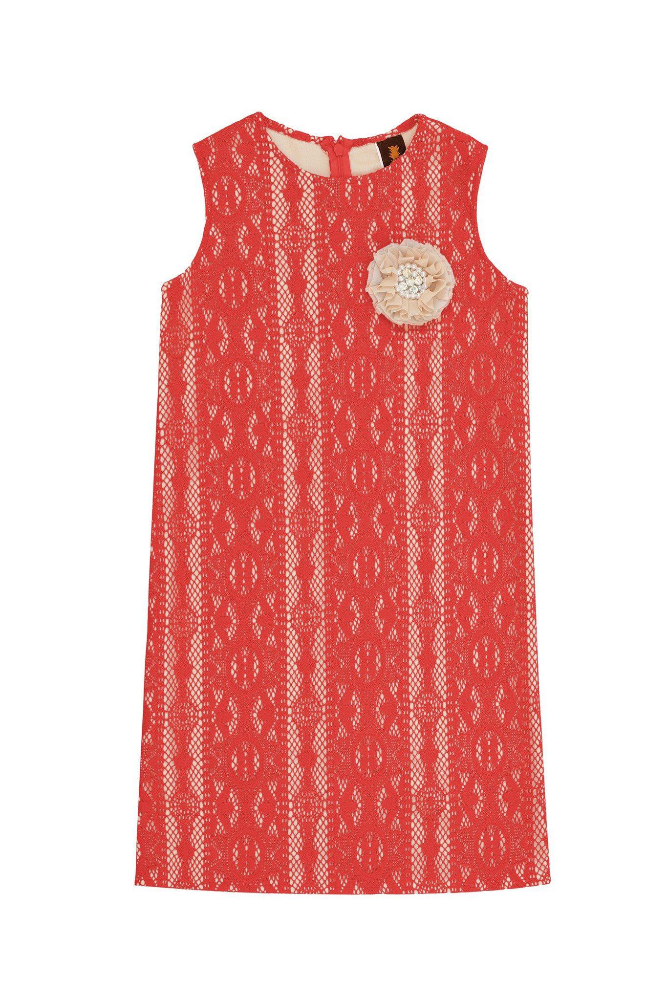 CLEARANCE! 65% off with code: VIP65 - Coral Red CrochetÂ Lace Fancy Summer Party Shift Dress - Girls