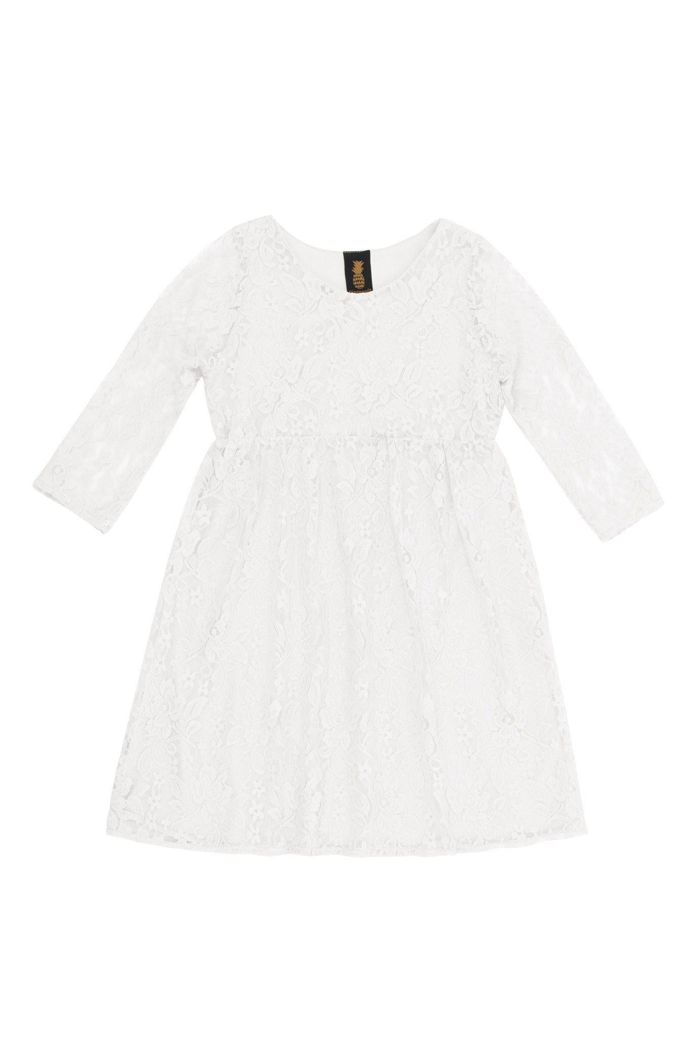 White Stretchy Lace Empire Waist Three-Quarter Sleeve Dress - Girls