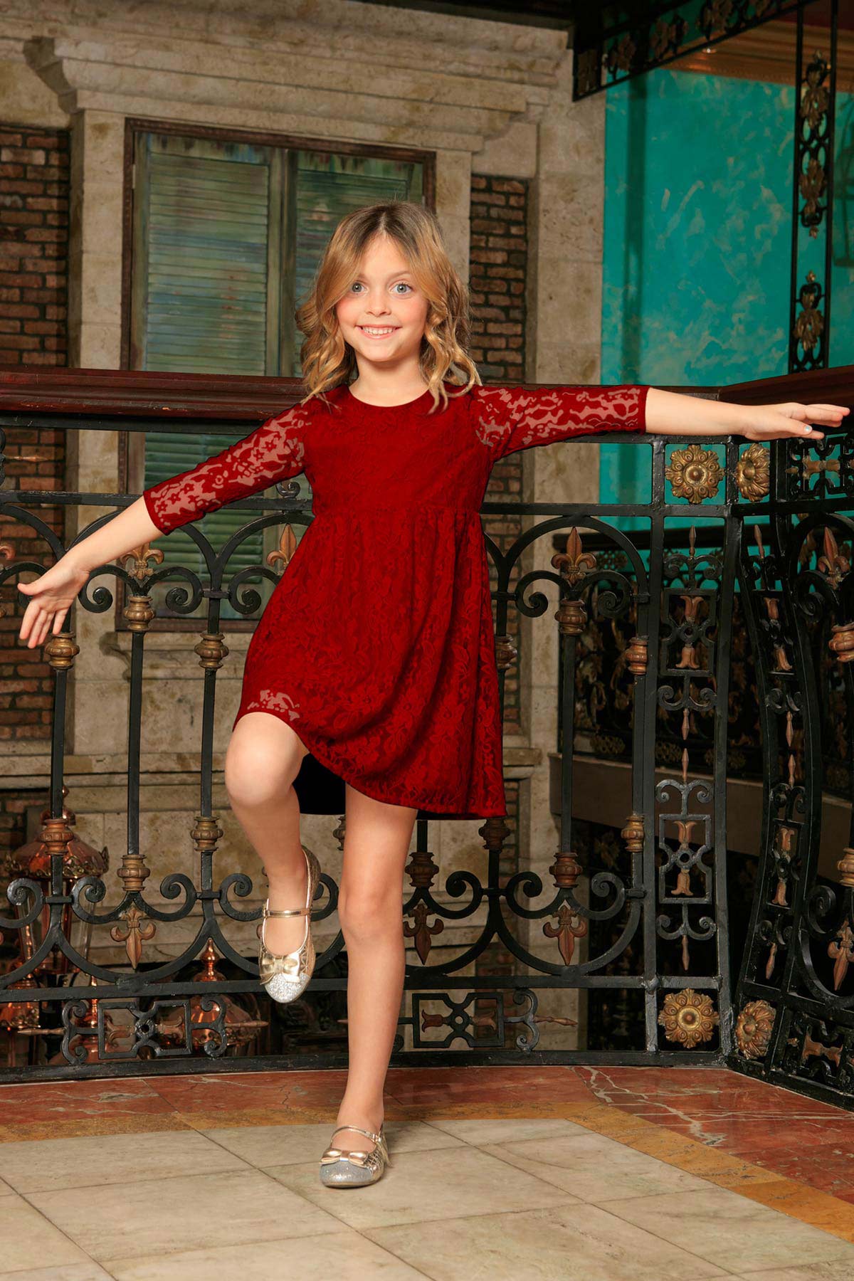 Red Maroon Lace Empire Waist Sleeved Holiday Christmas Dress - Girls