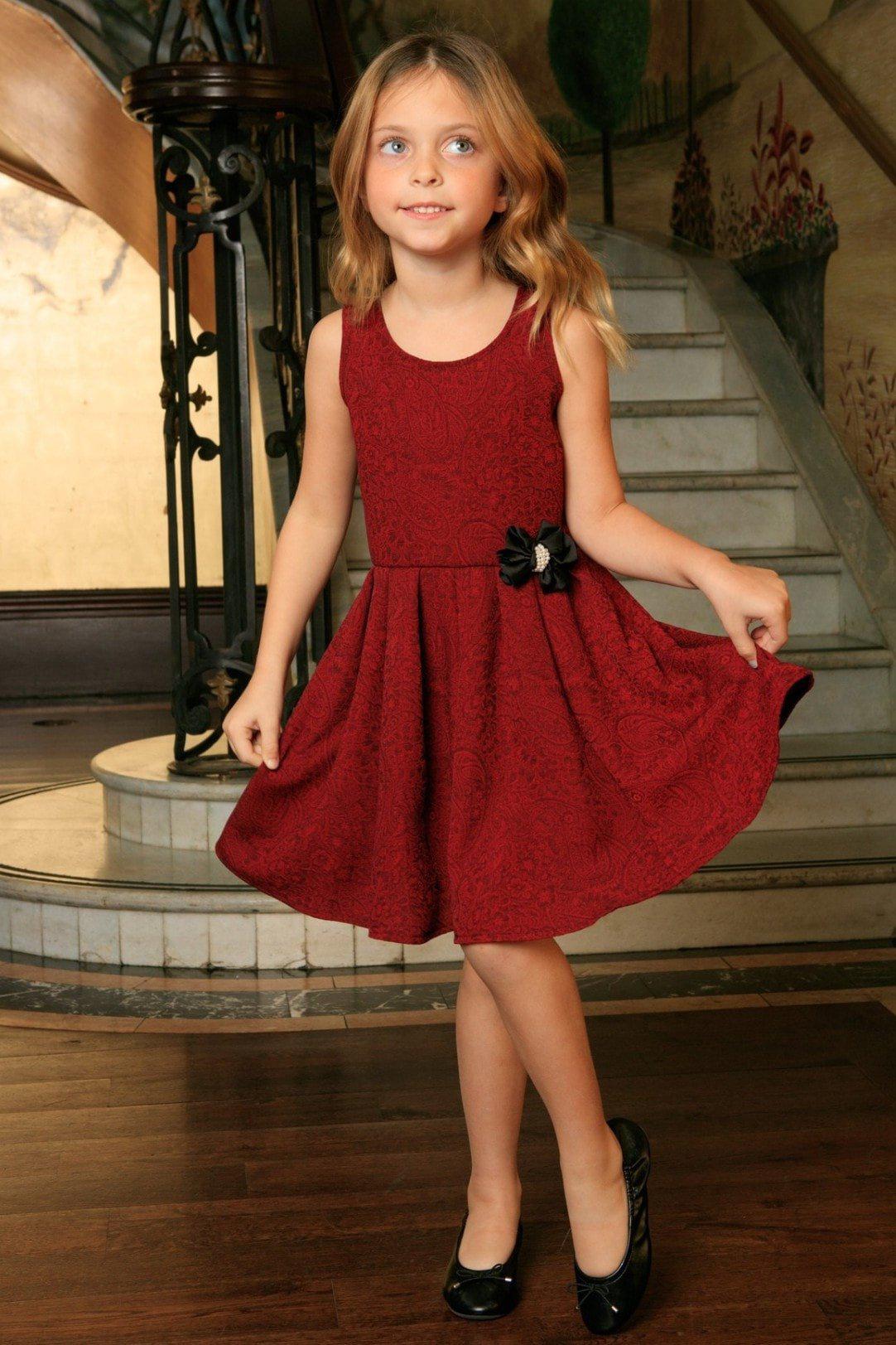 Ruby Red Floral Sleeveless Skater Cute Princess Party Dress - Girls