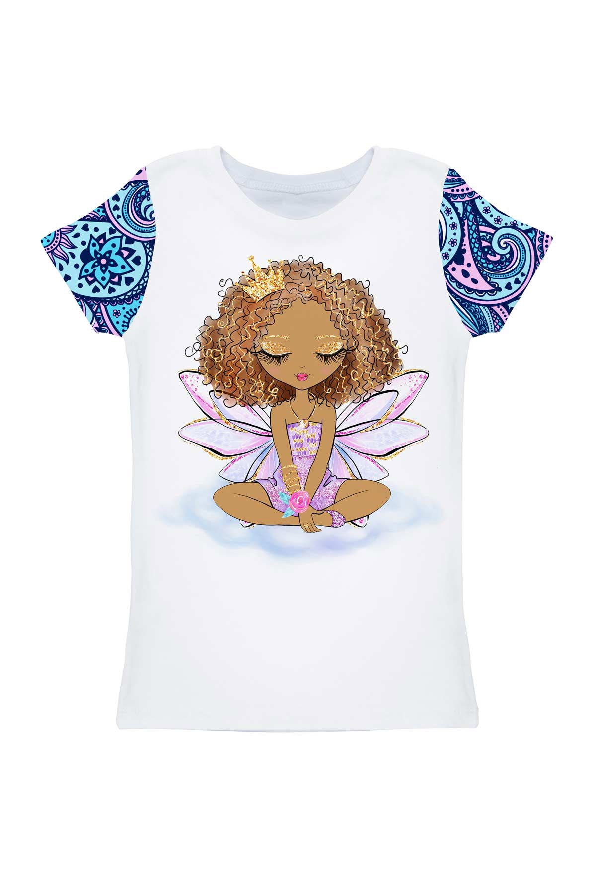 Sensation Zoe White Gold Fairy Print Cute Designer T-Shirt - Girls