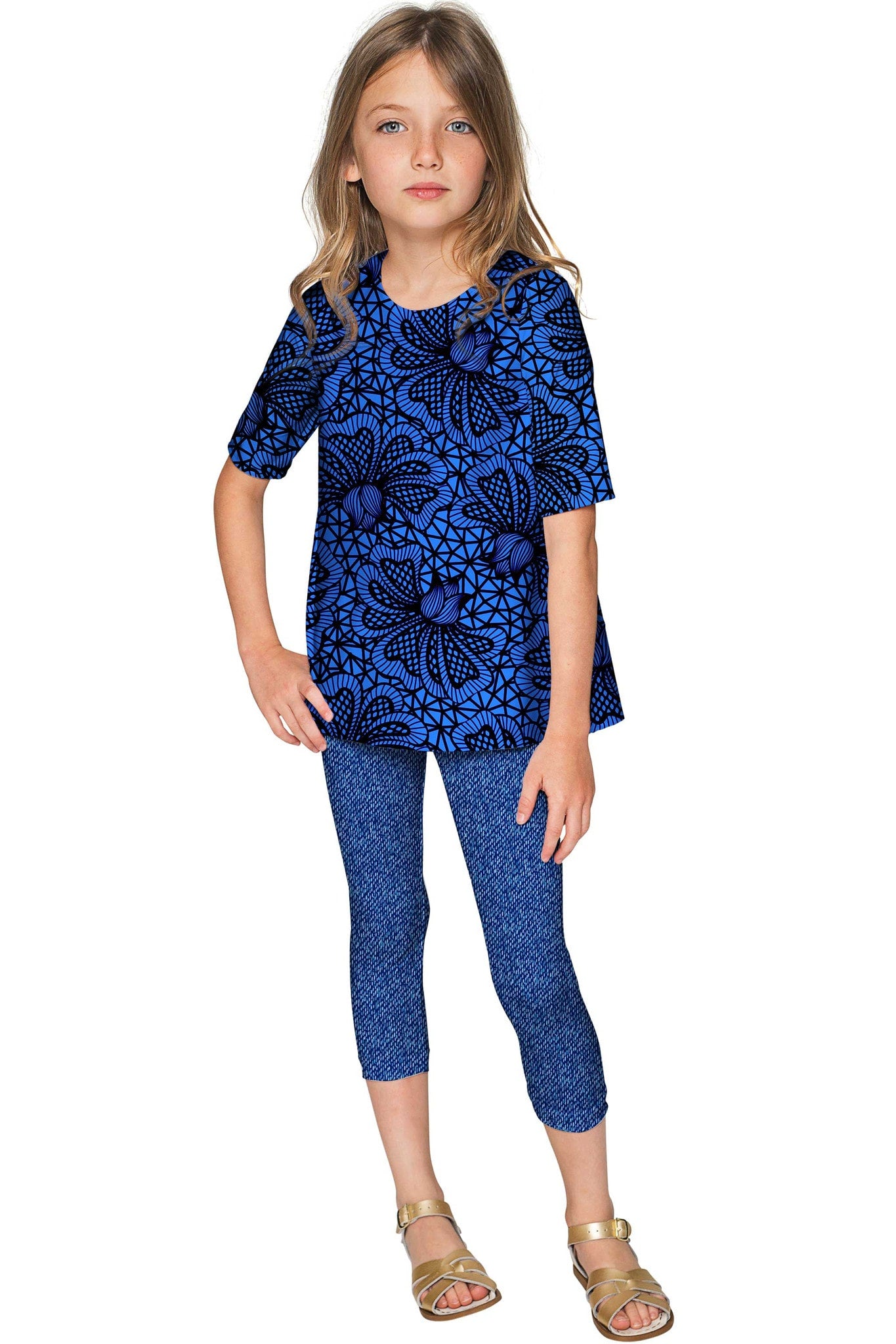 Blue Soulmate Sophia Lace Print Sleeved Party Top - Girls