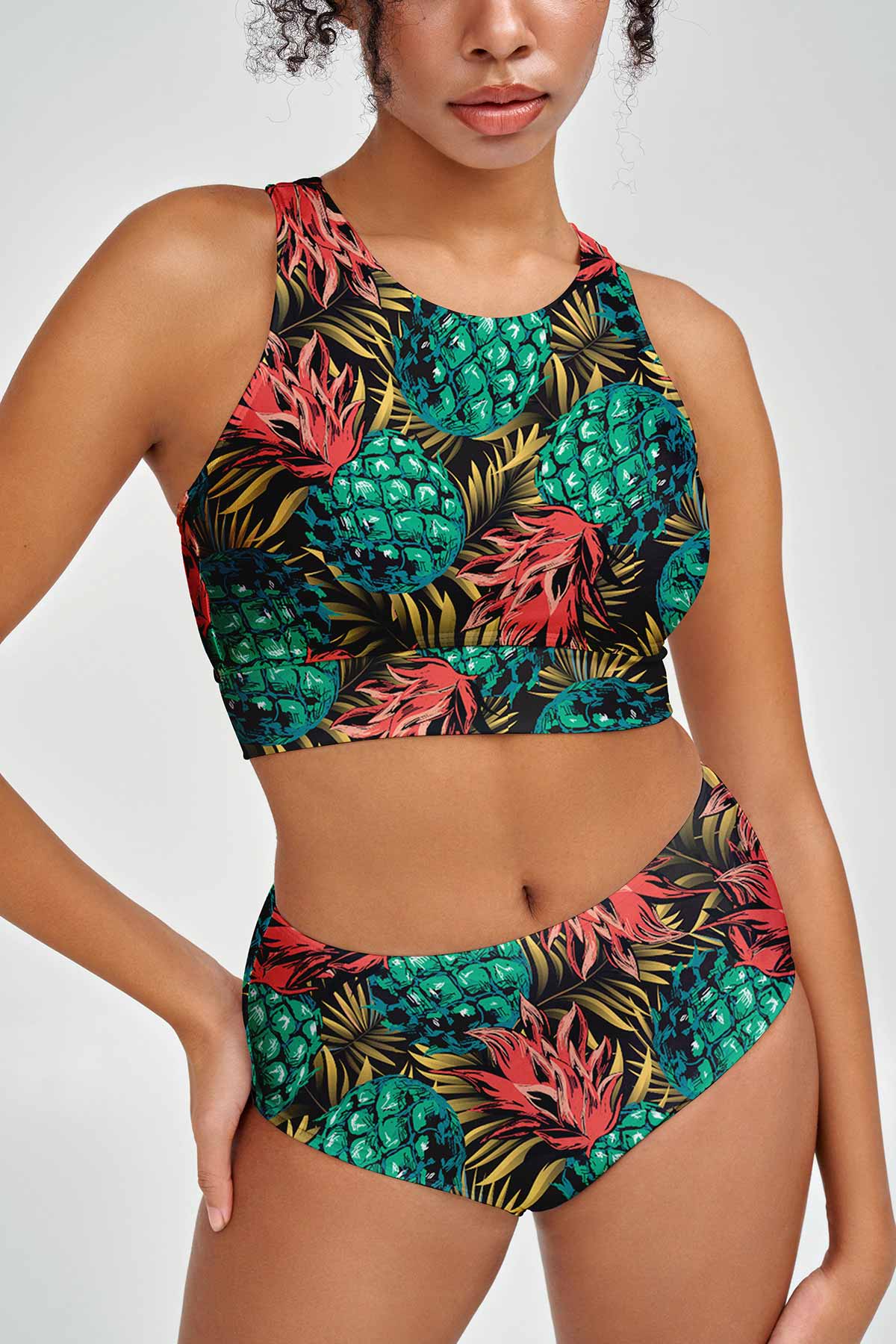 Tropicana Carly Pineapple Print High Neck Crop Bikini Top - Women