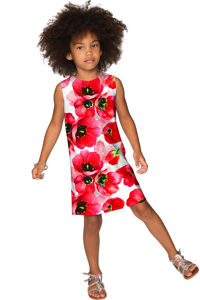 red floral shift dress