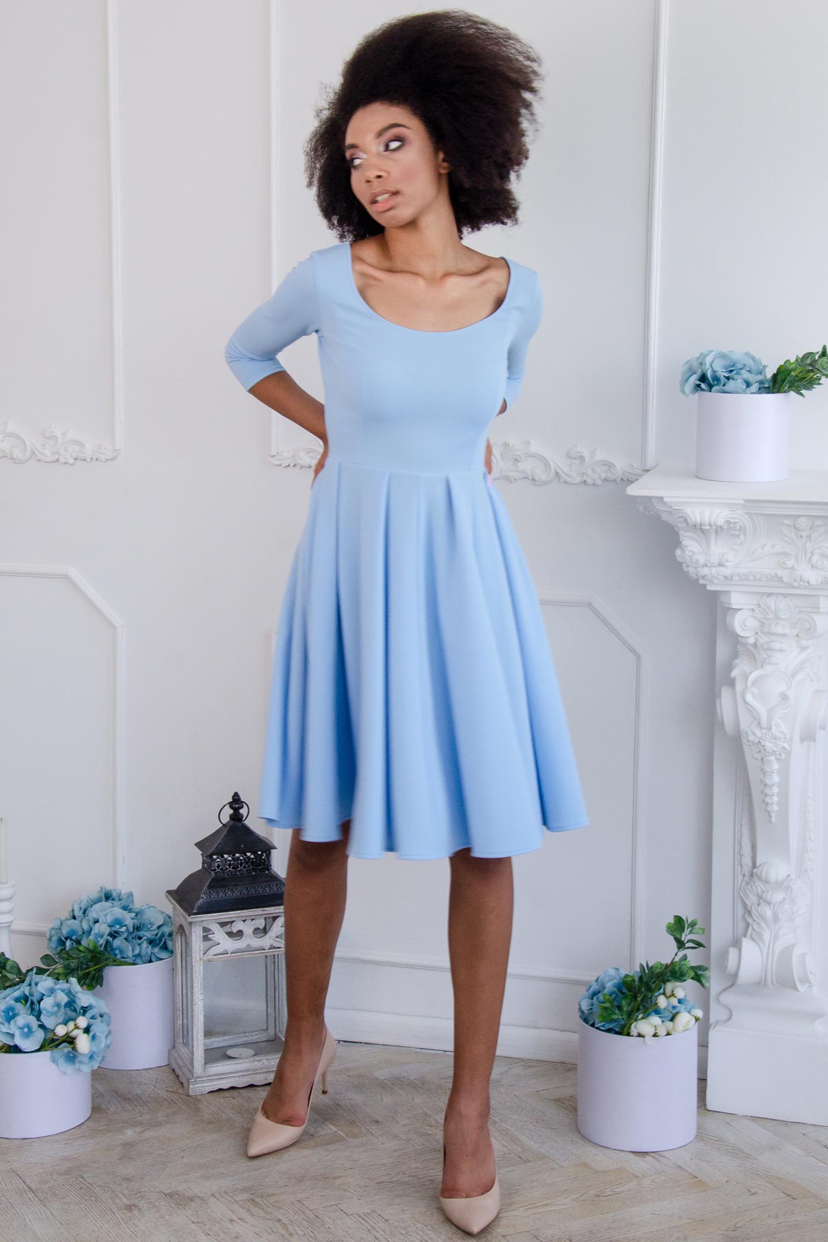 Baby Blue Skater 3/4 Sleeve Easter Party Dress - Women