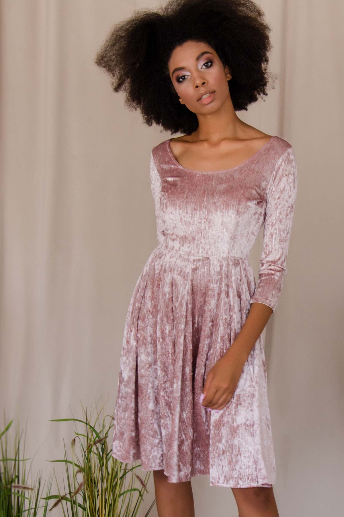 Pale Pink Crushed Velvet Skater 3/4 Sleeve Easter Party Dress - Women