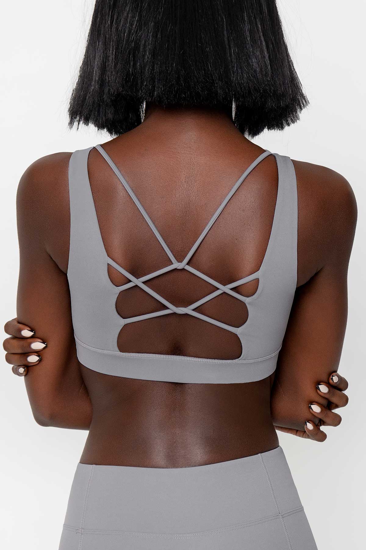 Silver Grey Kelly Strappy Open-Back Padded Sports Bra - Women