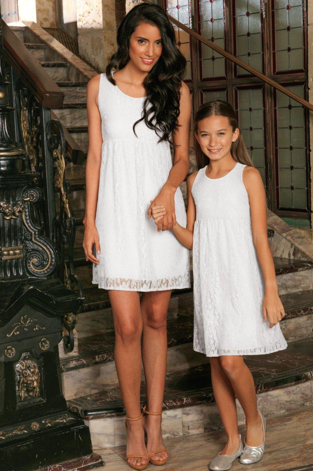 White Stretchy Lace Empire Waist Sleeveless Day Mommy and Me Dress