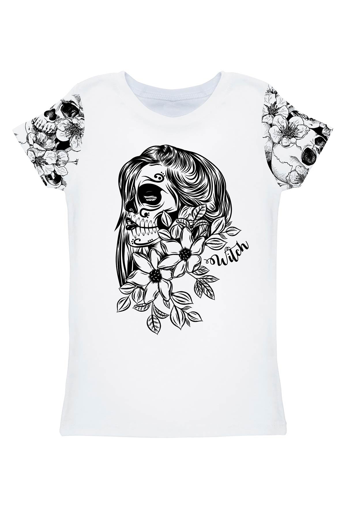 White Witch Zoe Skull Print Halloween Designer T-Shirt - Women