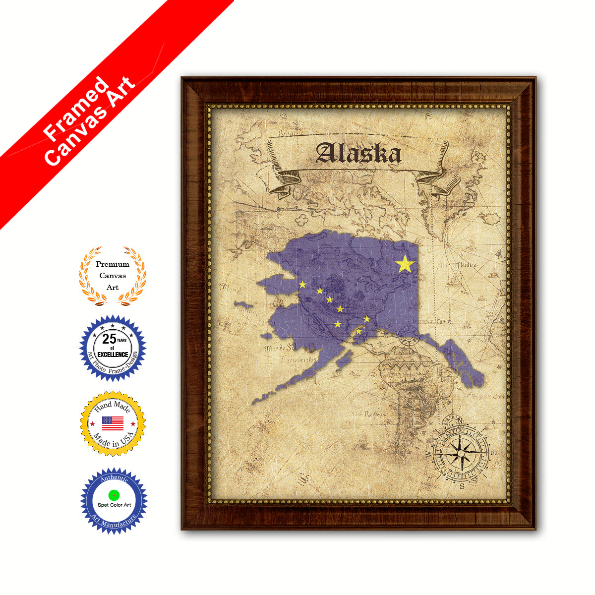 Alaska State Vintage Map Brown Framed Canvas Print Home Decor Wall Art