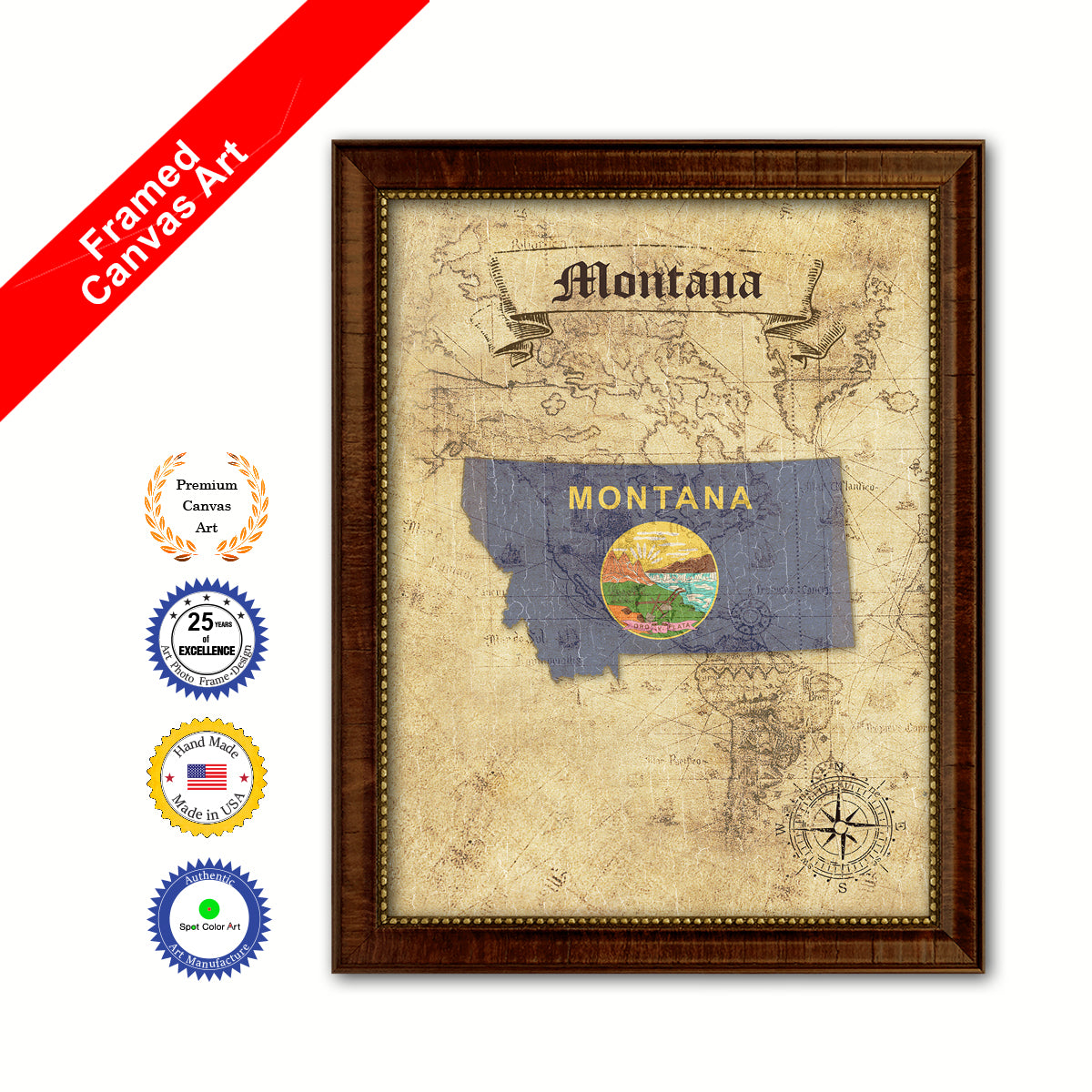 Montana State Vintage Map Brown Framed Canvas Print Home Decor Wall Art
