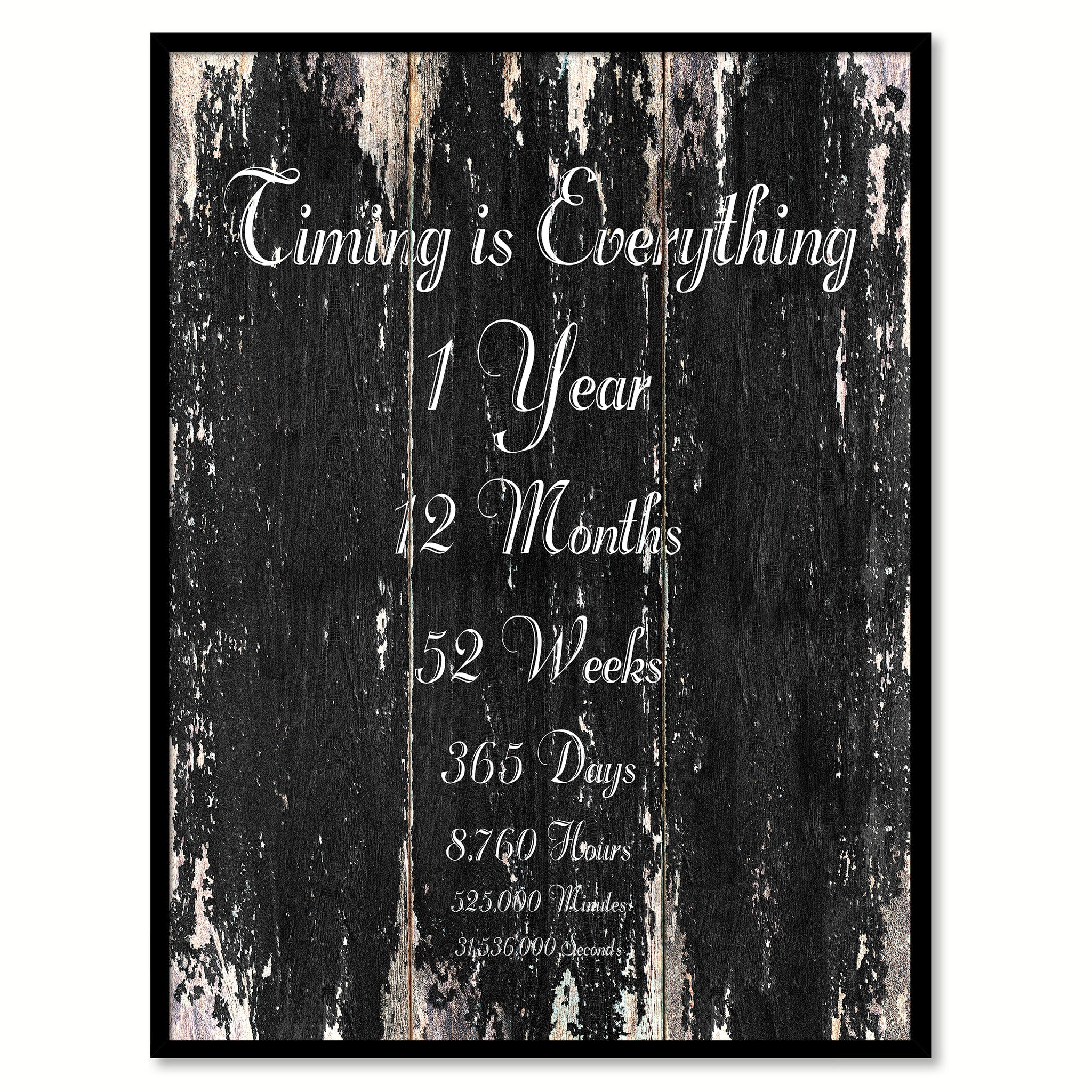 Timing Is Everything 1 Year 12 Months 52 Weeks 365 Days 8 760 Hours 525 000 Minutes 31 536 000 Seconds Inspirational Motivation Quote Saying Decorative Home Decor Wall Art Gift Ideas Spotcolorframe