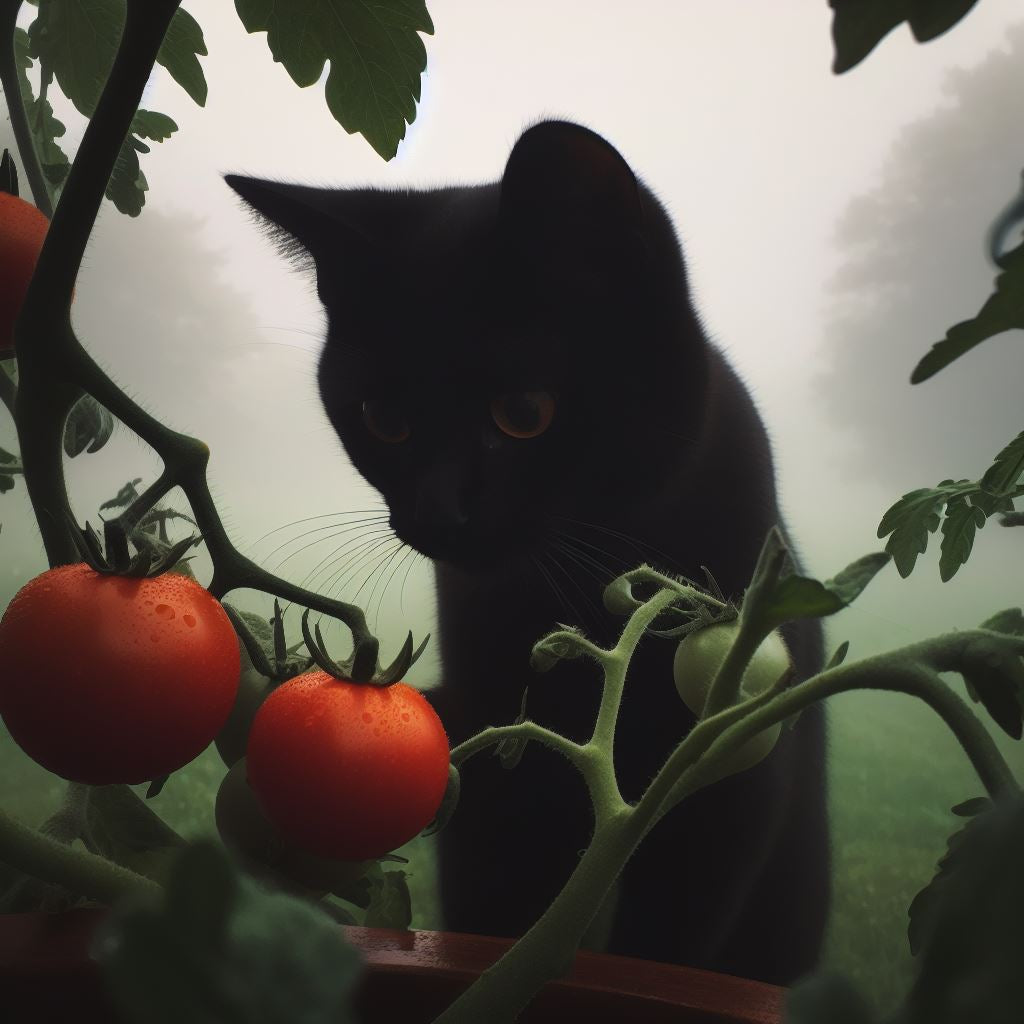 Ian's cat Sadie looks at a tomato, black cat, ripe tomatoes, foggy day