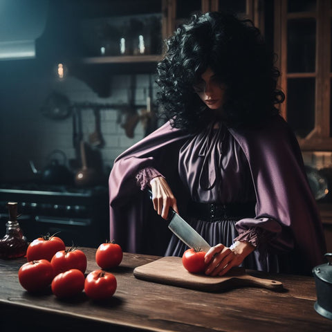Witch Making Dinner by Cutting Tomatoes, Caleigh