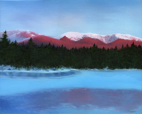 "Lost Pond Alpenglow," 16x20 inch oil on canvas by Rebecca M. Fullerton, 2021. Part of "Winter in the Whites," at The Gallery at WREN, Bethlehem, New Hampshire, February-March 2021.