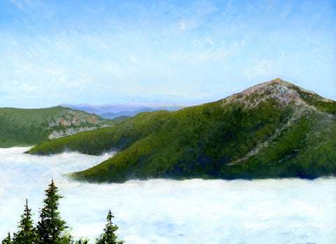 This 9x12 inch oil on panel painting captures the magic of an early morning hike on Mount Lincoln, overlooking Mount Lafayette in the White Mountains of New Hampshire. The painting depicts a sea of low clouds and fog surrounding the high peaks, creating a truly breathtaking scene. The painting is framed in a 14x17 inch gold-toned, wood frame and is signed by the artist. It is wired and ready to hang.