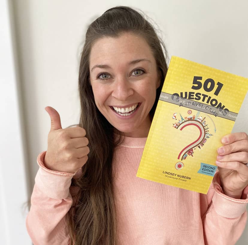 Lindsey and "501 Questions: A Travel Game" book