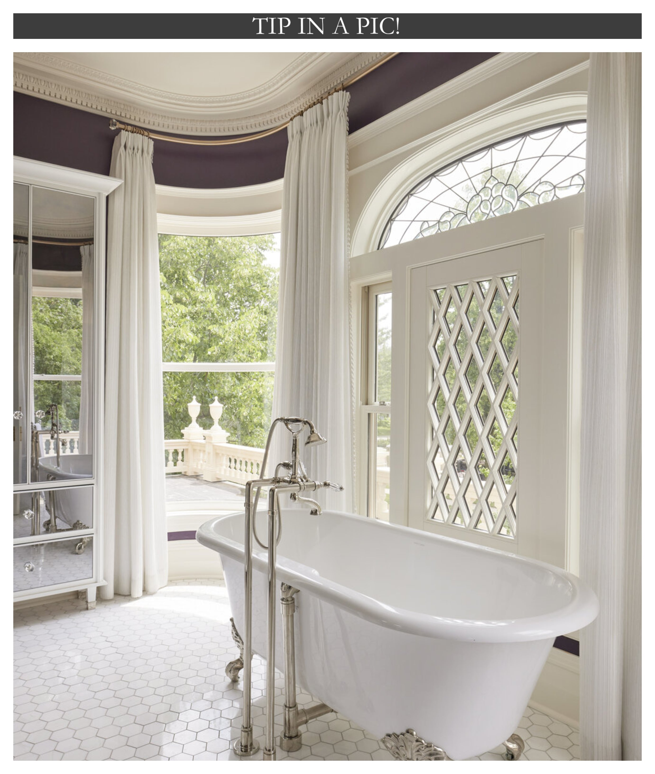White floor-to-ceiling curtains in bathroom