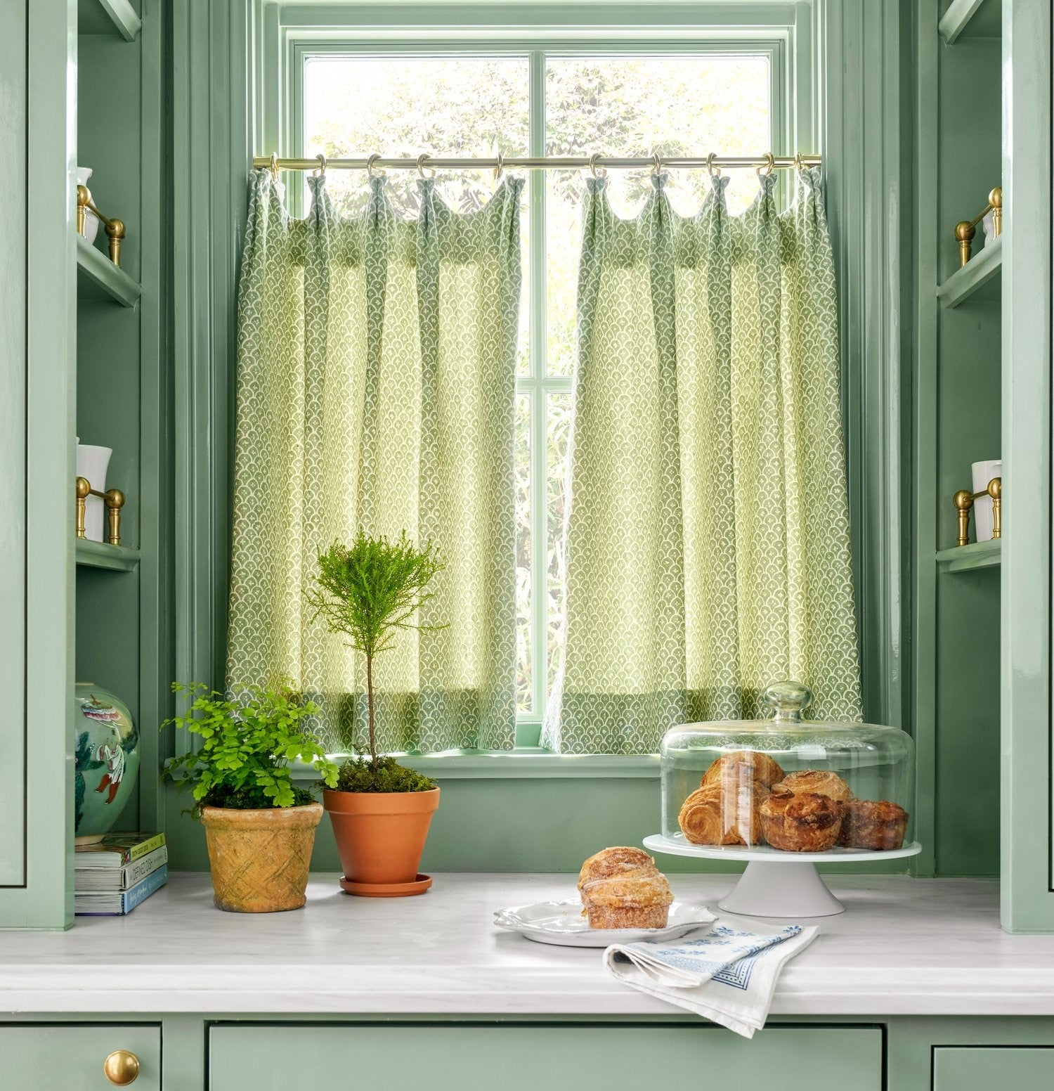 Green short curtains for kitchen