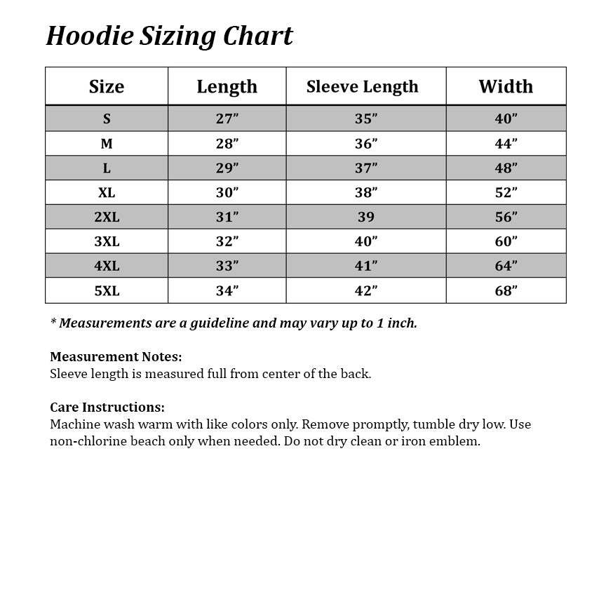 3xl Hoodie Size Chart