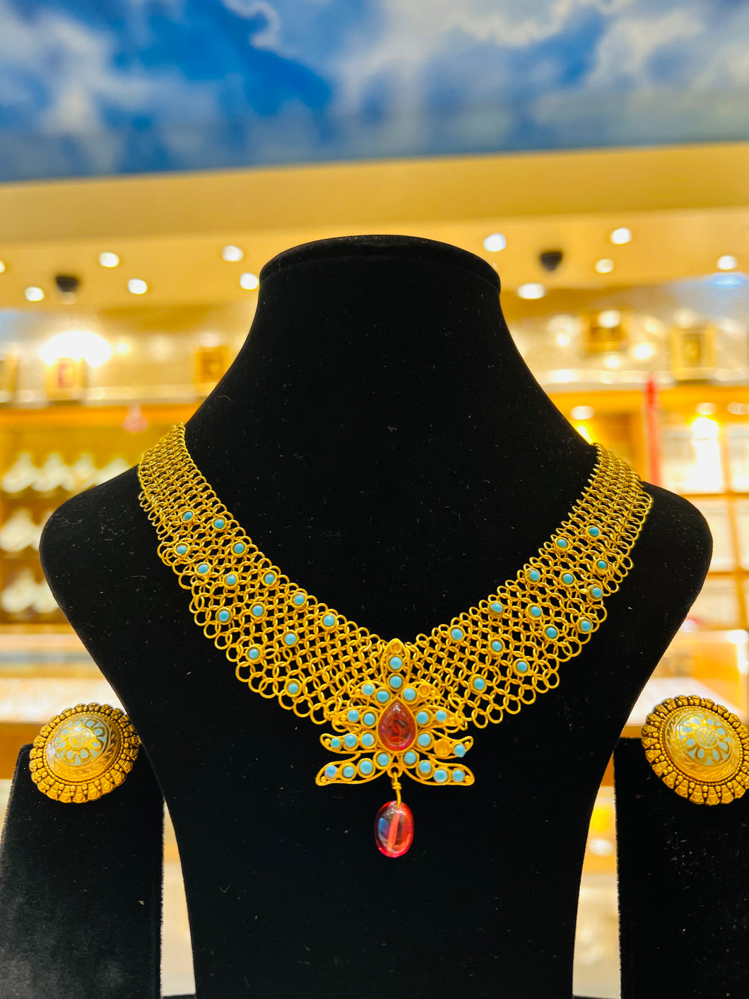 22k Solid Gold Traditional Ladies Turquoise Stone Necklace Set c1172 - Royal Dubai Jewellers