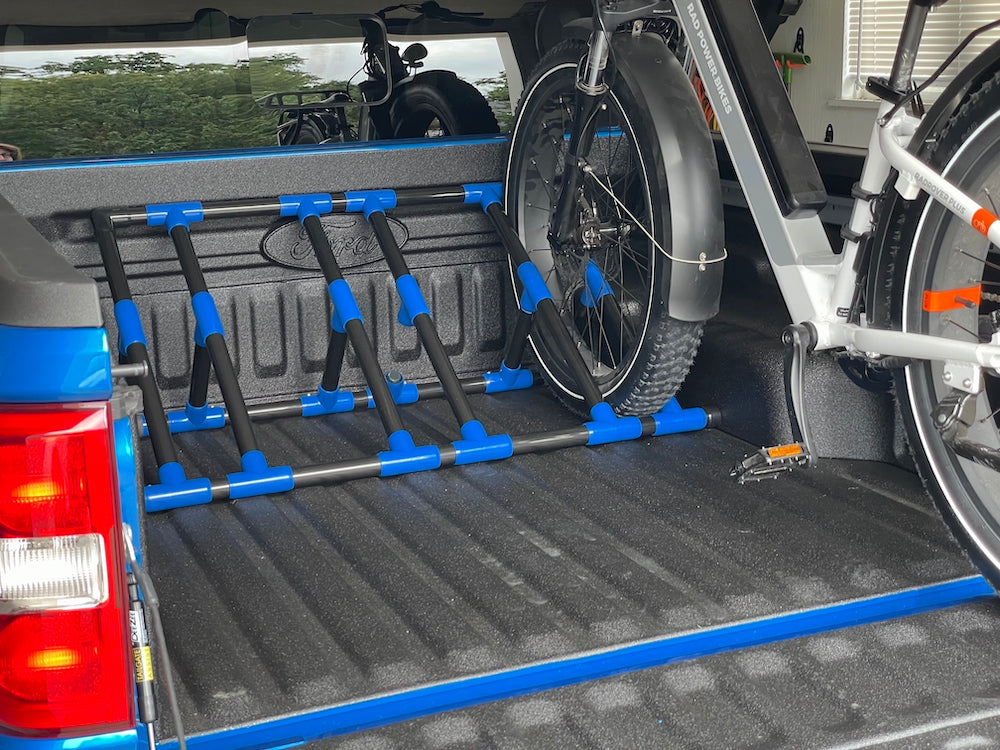 PVC Pipe Bike Rack for Truck Bed, with eBike in place