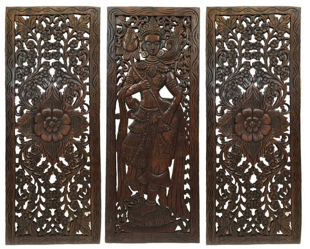 Multi Panels Oriental Home Decor. Wood Carved Floral Wall Art. Bali Ho