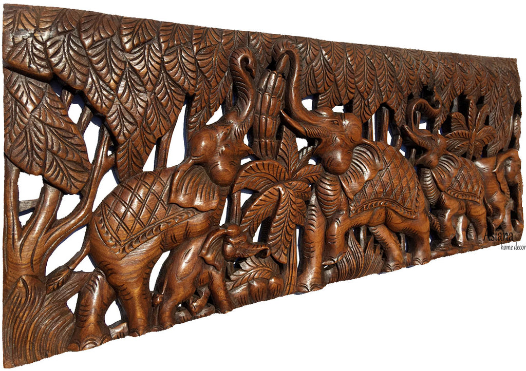 Elephant Family Wood Carved Wall Panel. Tropical Home Decor. 35.5"x13