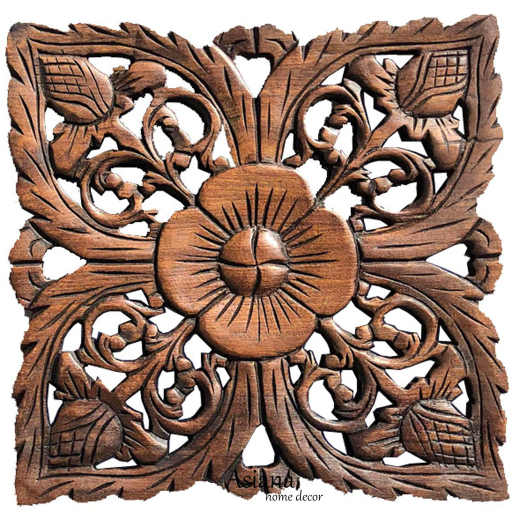 Wood Plaque Oriental Carved Lotus Square Rustic Wall Decor Hand Carv Asiana Home Decor 