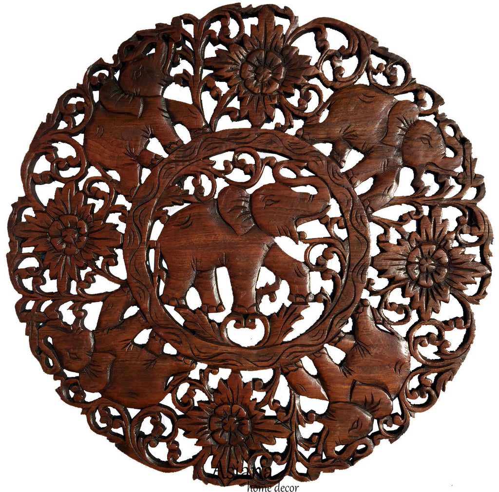 Round Carved Wood Elephant Wall Decor Asian Home Decor -5331