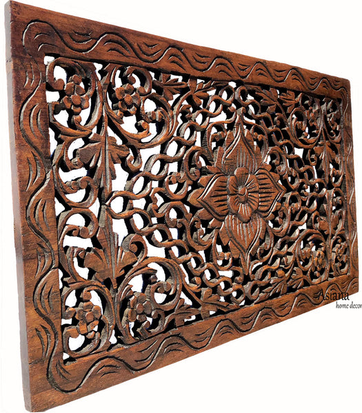 Wood Carved Wall Panel. Hand Carved Floral Wall Art Rustic Home Decor