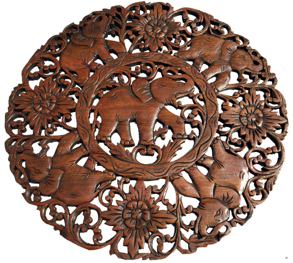 Round Carved Wood Elephant Wall Decor Asian Home Decor -6176