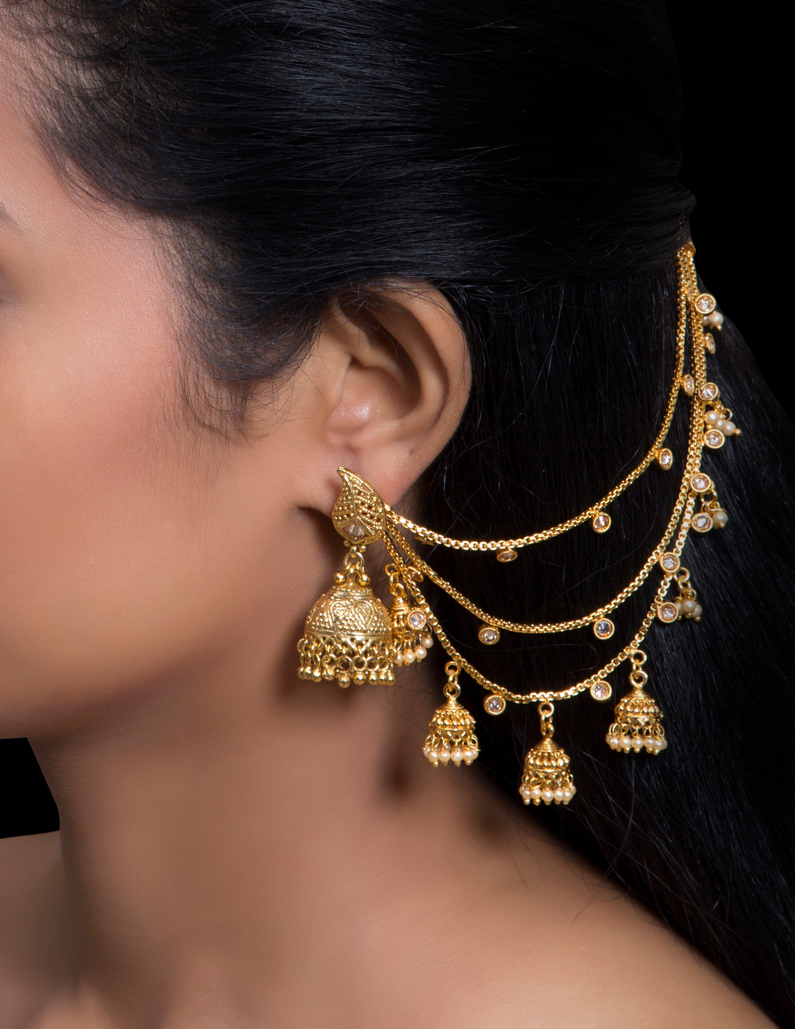 Gold jhumkis ear to hair extension 