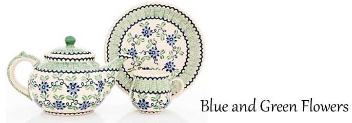 Traditional Polish Pottery: Blue and Green Flowers