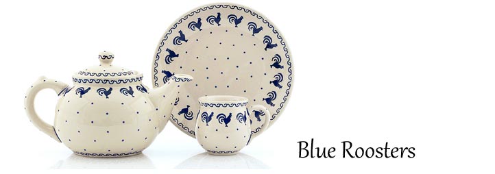 Traditional Polish Pottery: Blue Roosters