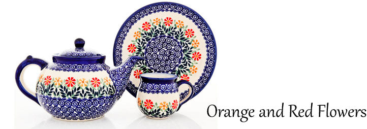 Traditional Polish Pottery: Orange and Red Flowers