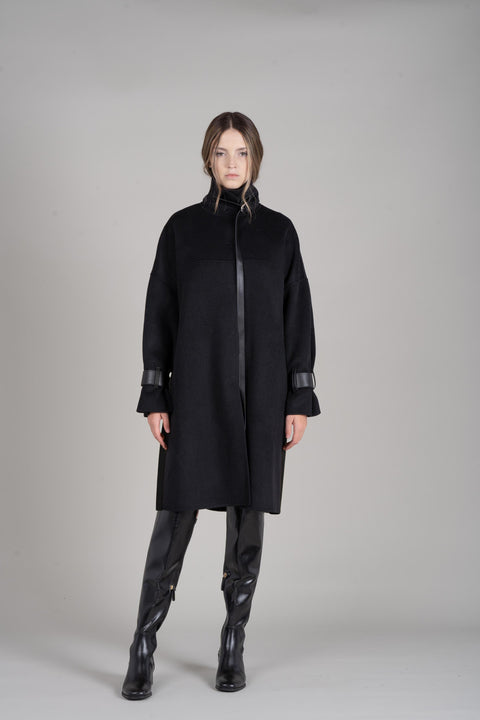 JL069B Oversized Leather-trimmed Wool Coat – Mute by JL